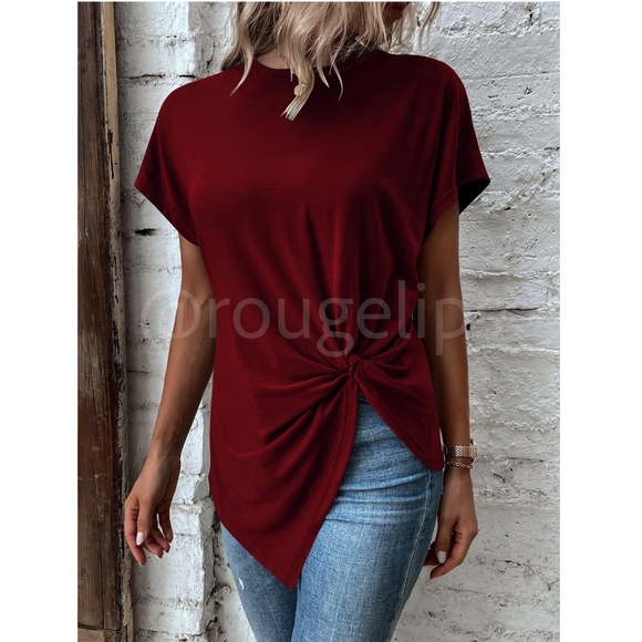 Twist Detail Burgundy Tee Shirt Short Sleeve Round Neck - Picture 5 of 12